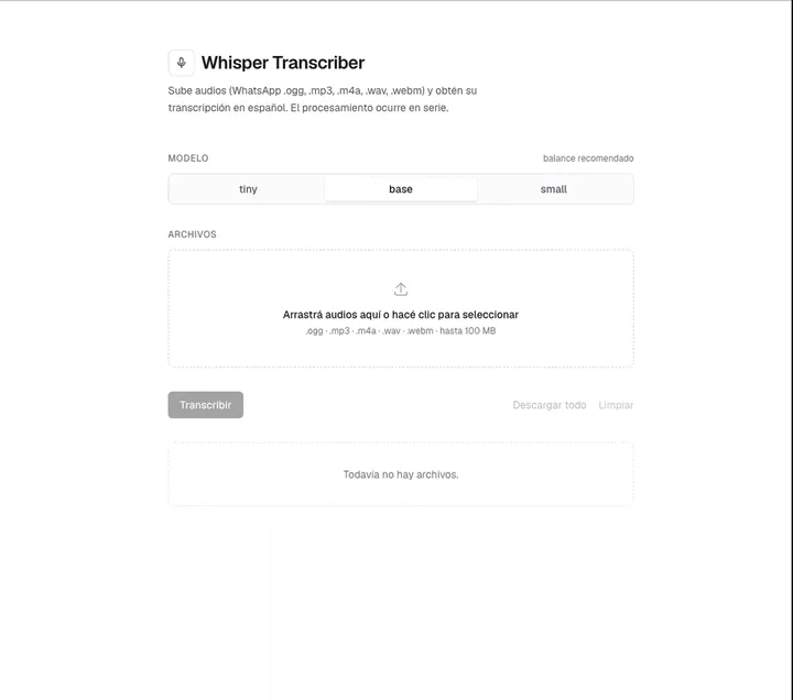 Demo de whisper-transcriber: subir audios, elegir modelo, transcribir y descargar los resultados.