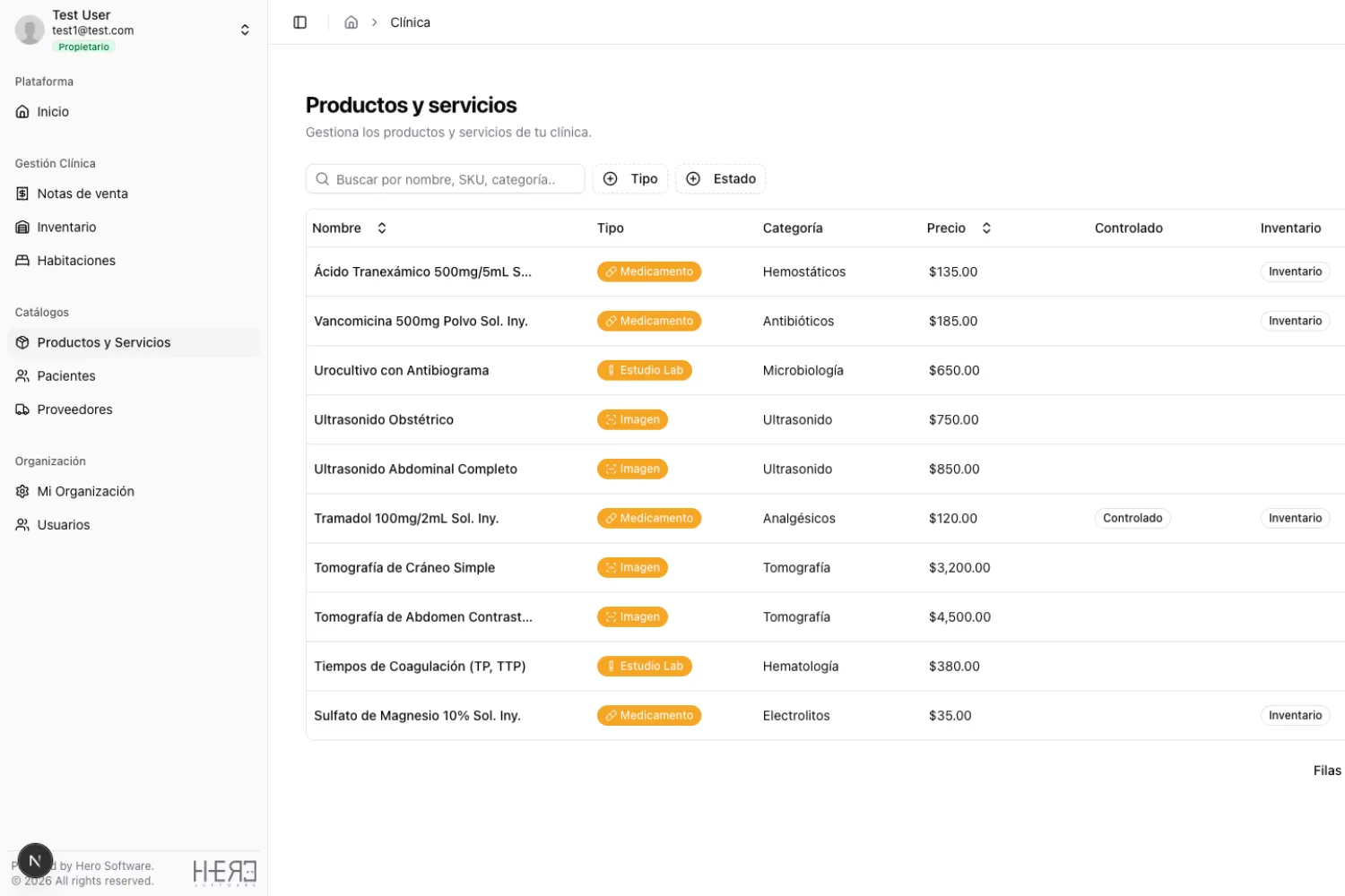 Catálogo de productos y servicios mostrando categorías, precios y disponibilidad.