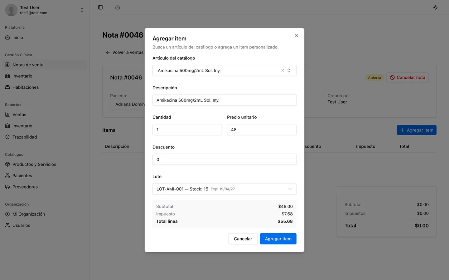 Detalle de una nota de venta combinando medicamentos, estudios y servicios.